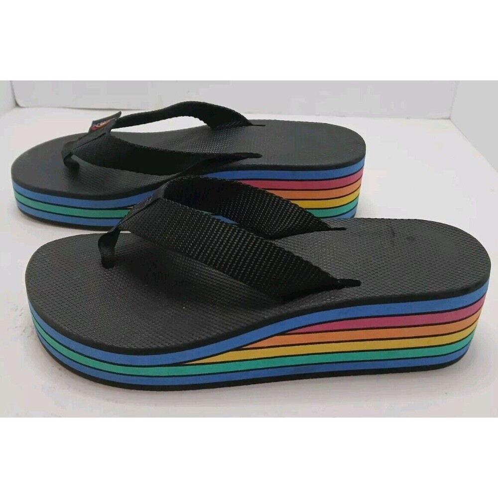 Rainbow Brand Womens Sandals Multicolor Layer Wedge Black Flip Flops Size 8